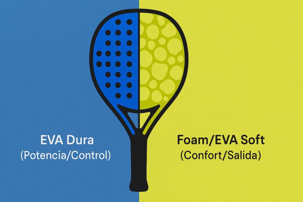 Comparativa núcleo pala pádel goma EVA dura vs goma blanda foam.